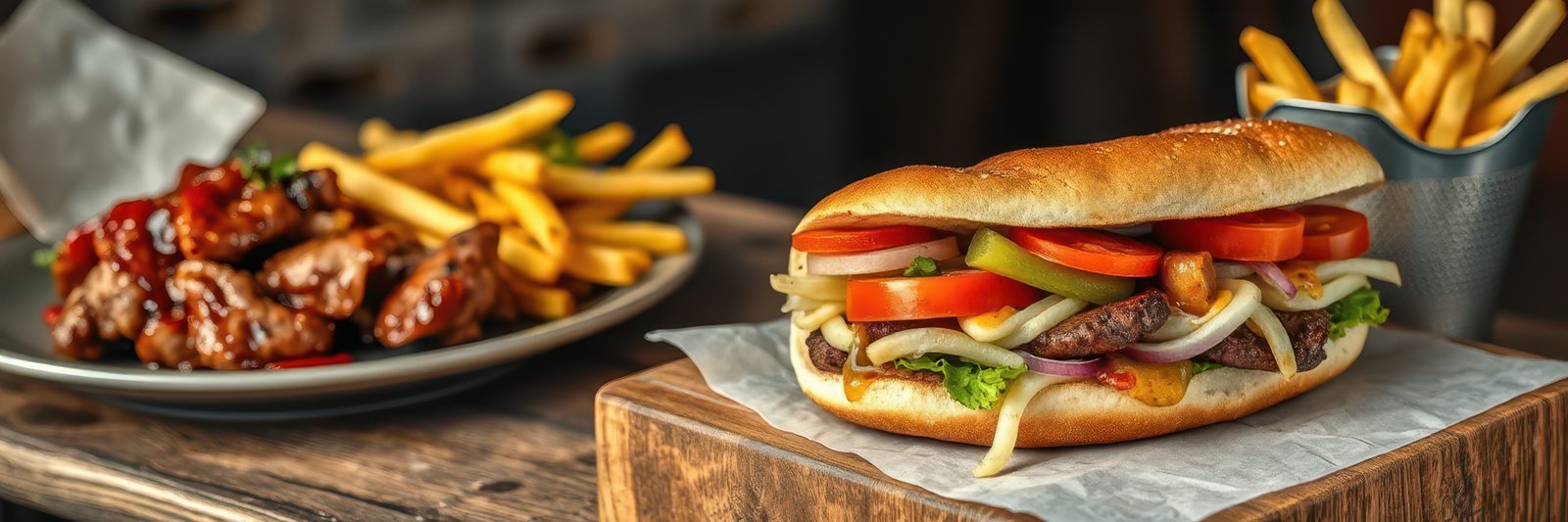 Tasty sandwich with fresh vegetables and crispy fries served in a casual dining setting during lunchtime